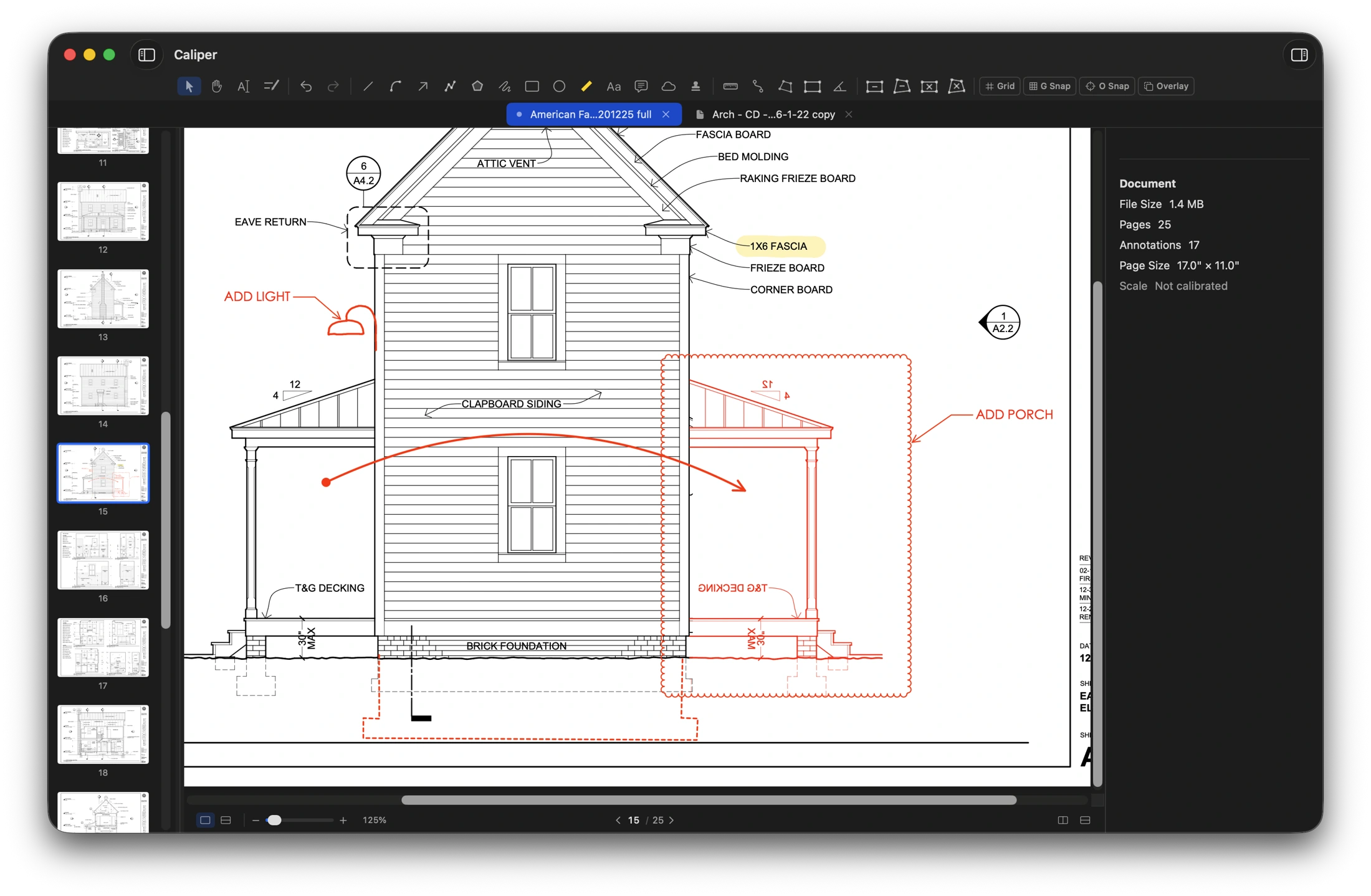 Red callouts, a revision cloud and drawn changes on a building elevation in Caliper for Mac.