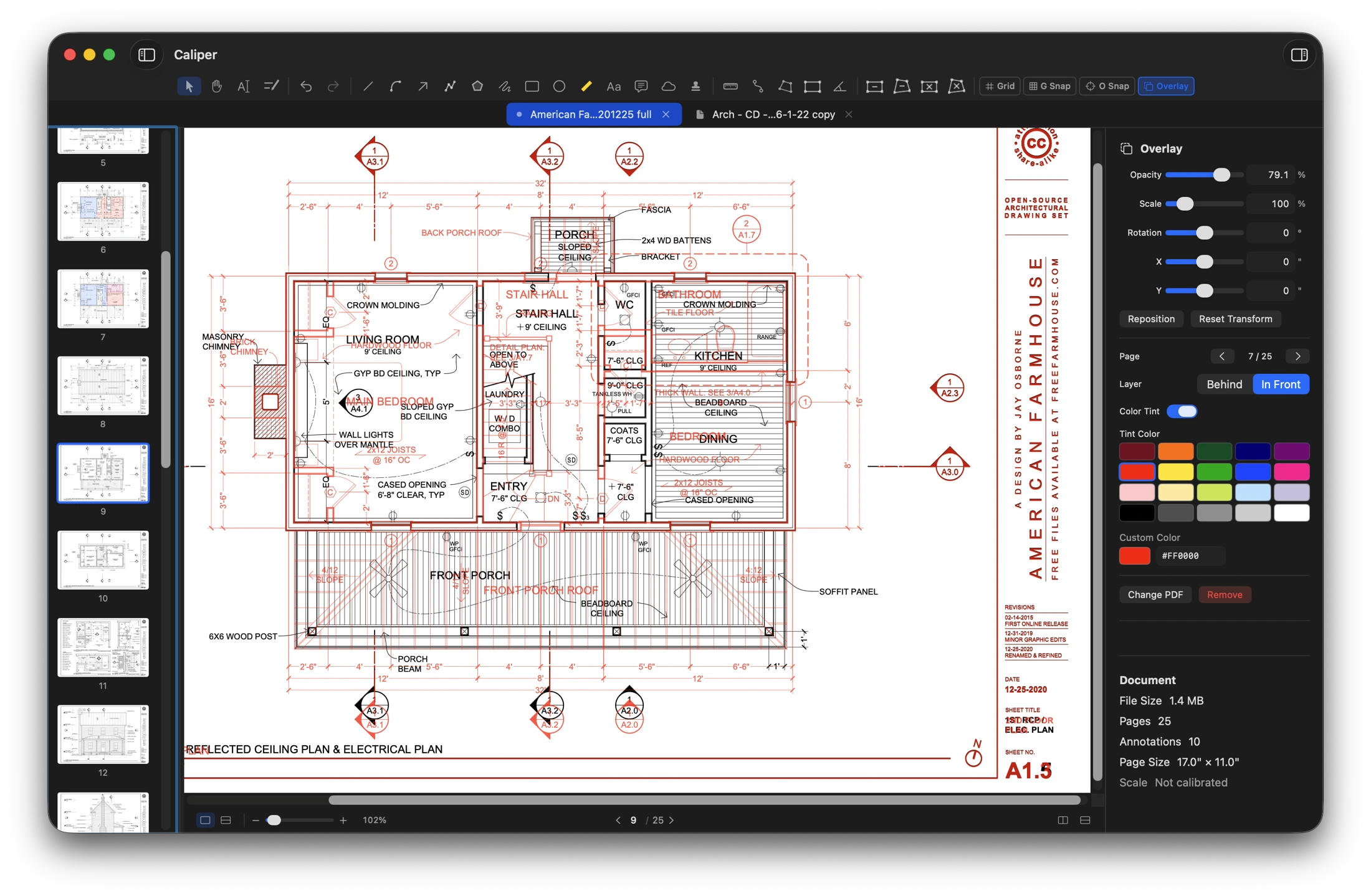 A red-tinted drawing layered over a floor plan in Caliper for Mac.