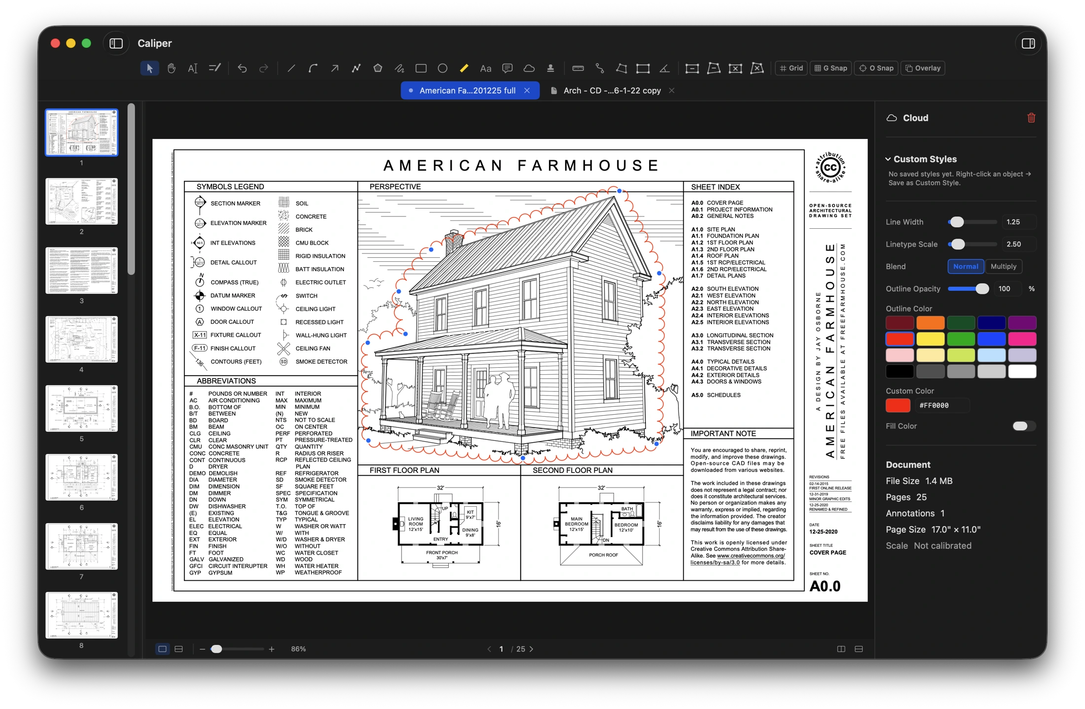 A full construction drawing set open in Caliper for Mac, with the page thumbnails, document tabs and the inspector visible.