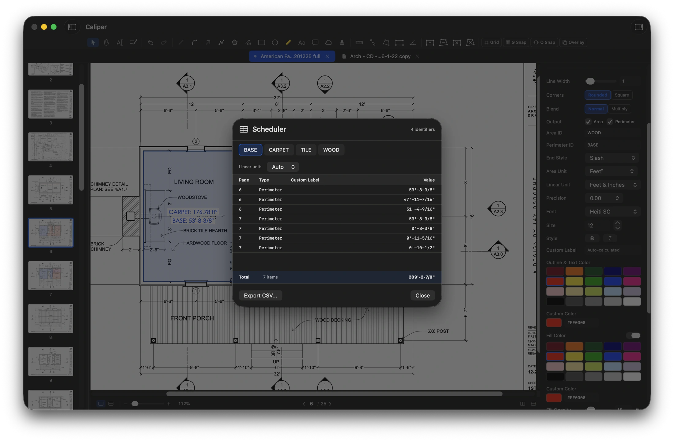 Caliper's Mac Scheduler dialog, grouping quantities and offering Export CSV.