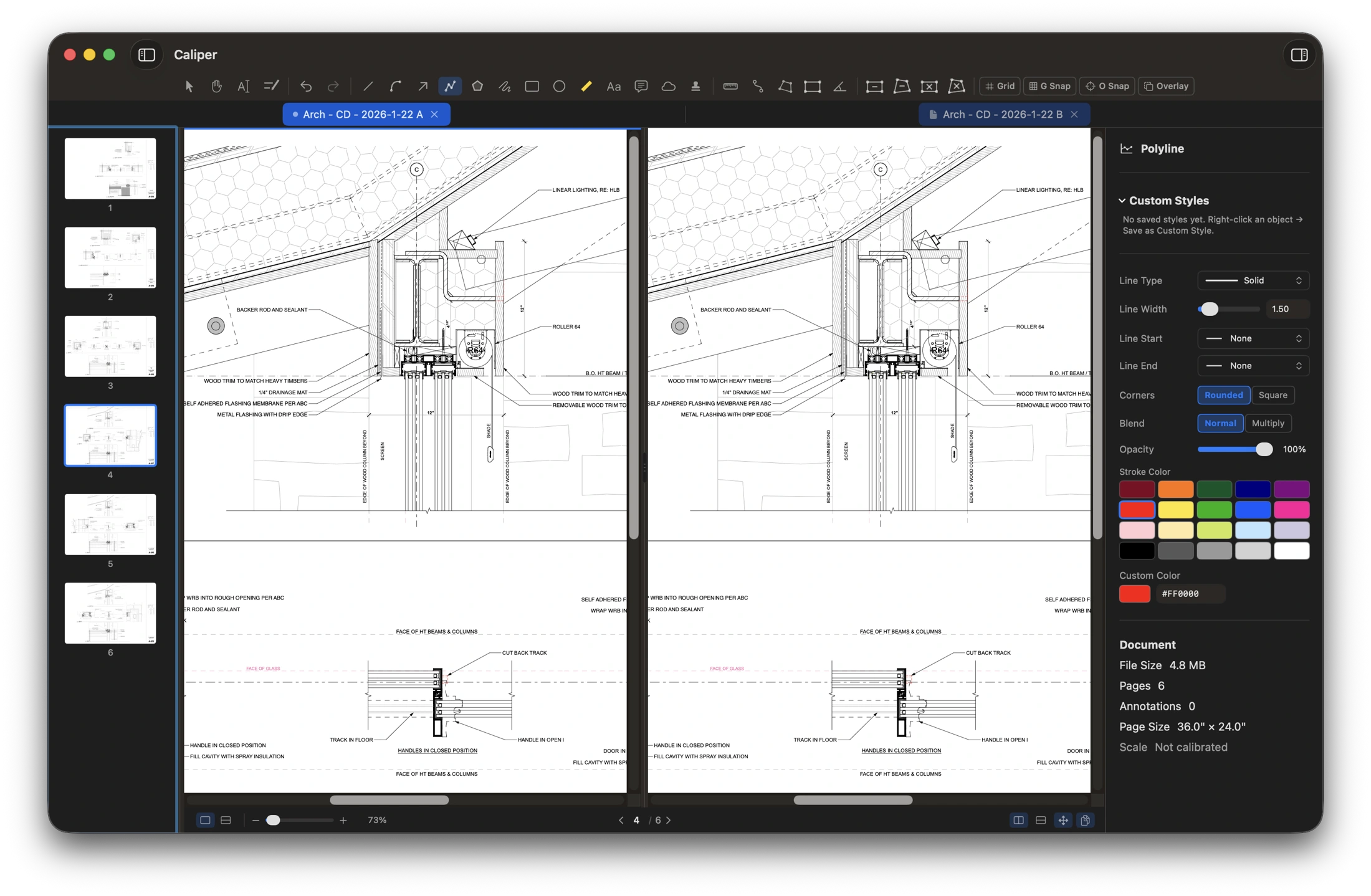 Two drawing details open side by side in Caliper's Mac split view.