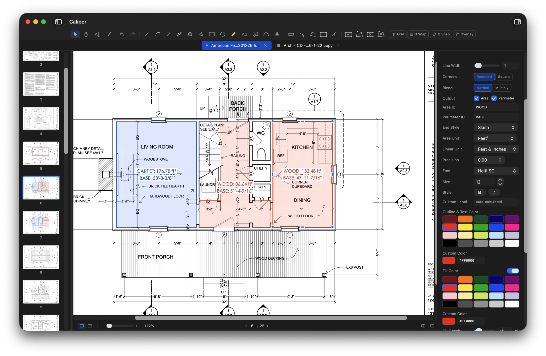 Caliper on Mac showing carpet and wood floor areas measured directly on a construction plan.